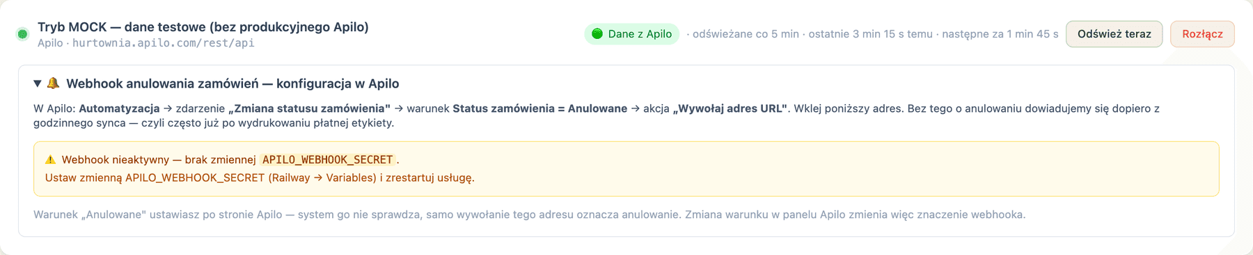 Sekcja panelu z instrukcją konfiguracji webhooka anulowania w Apilo